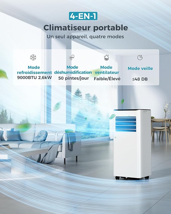 Climatiseur mobile 9000 BTU (+30m²) 2,6 kW (avec télécommande), climatiseur portable quatre en un, fonctionnement silencieux, écran LED, minuterie 24 heures
