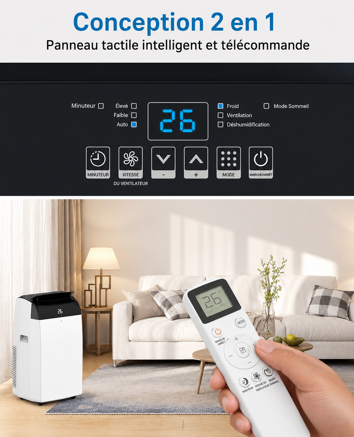 Climatiseur portable 3 en 1 - 10000 BTU (+40m²) – Silencieux - Refroidissement, déshumidification 30 L jour, ventilateur 2 vitesses – minuterie 24 h, affichage numérique