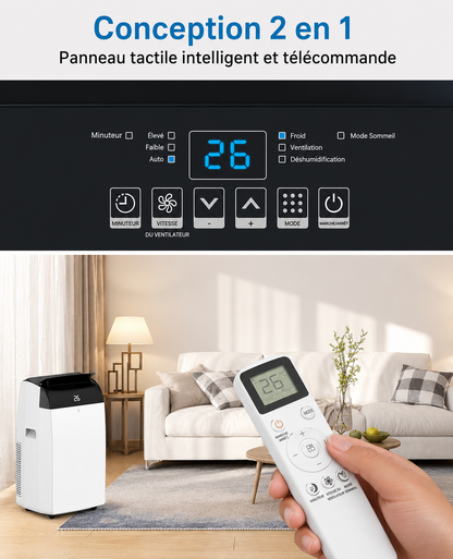 Climatiseur portable 3 en 1 - 10000 BTU (+40m²) – Silencieux - Refroidissement, déshumidification 30 L jour, ventilateur 2 vitesses – minuterie 24 h, affichage numérique