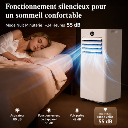 Climatiseur Mobile 9000 BTU (+30m²) 4 en 1 Silencieux - Télécommande, Minuterie 24h & Mode Sommeil,Clim Mobile pour Maison et Bureau,Kit d'Évacuation par Fenêtre Inclus
