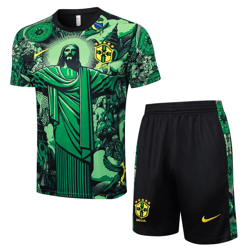 Ensemble Maillot Short Bresil Homme/Enfant 2024 2025 Vert Motif