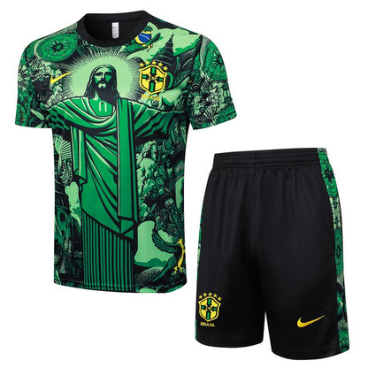 Ensemble Maillot Short Bresil Homme/Enfant 2024 2025 Vert Motif